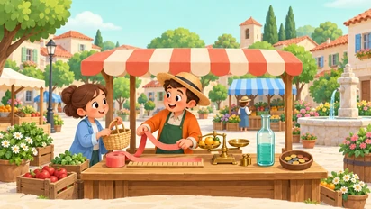 Un vendeur et une cliente sur une place de village, avec un ruban corail, une balance dorée, une bouteille bleue et une coupelle de pièces sous un étal rayé.